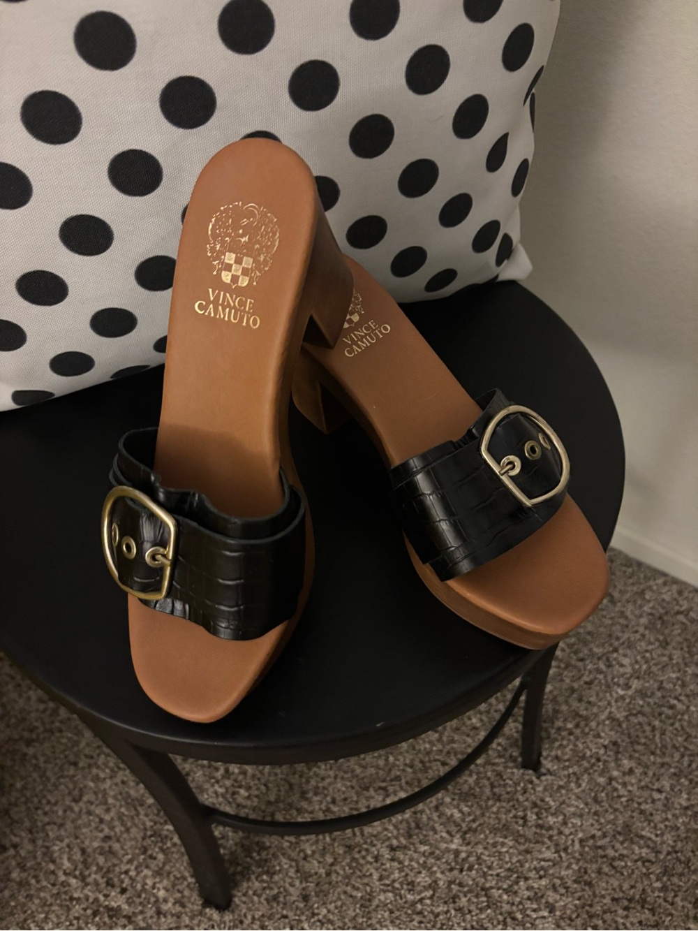Vince Camuto Black Croc-Embossed Buckle Slide Mules
